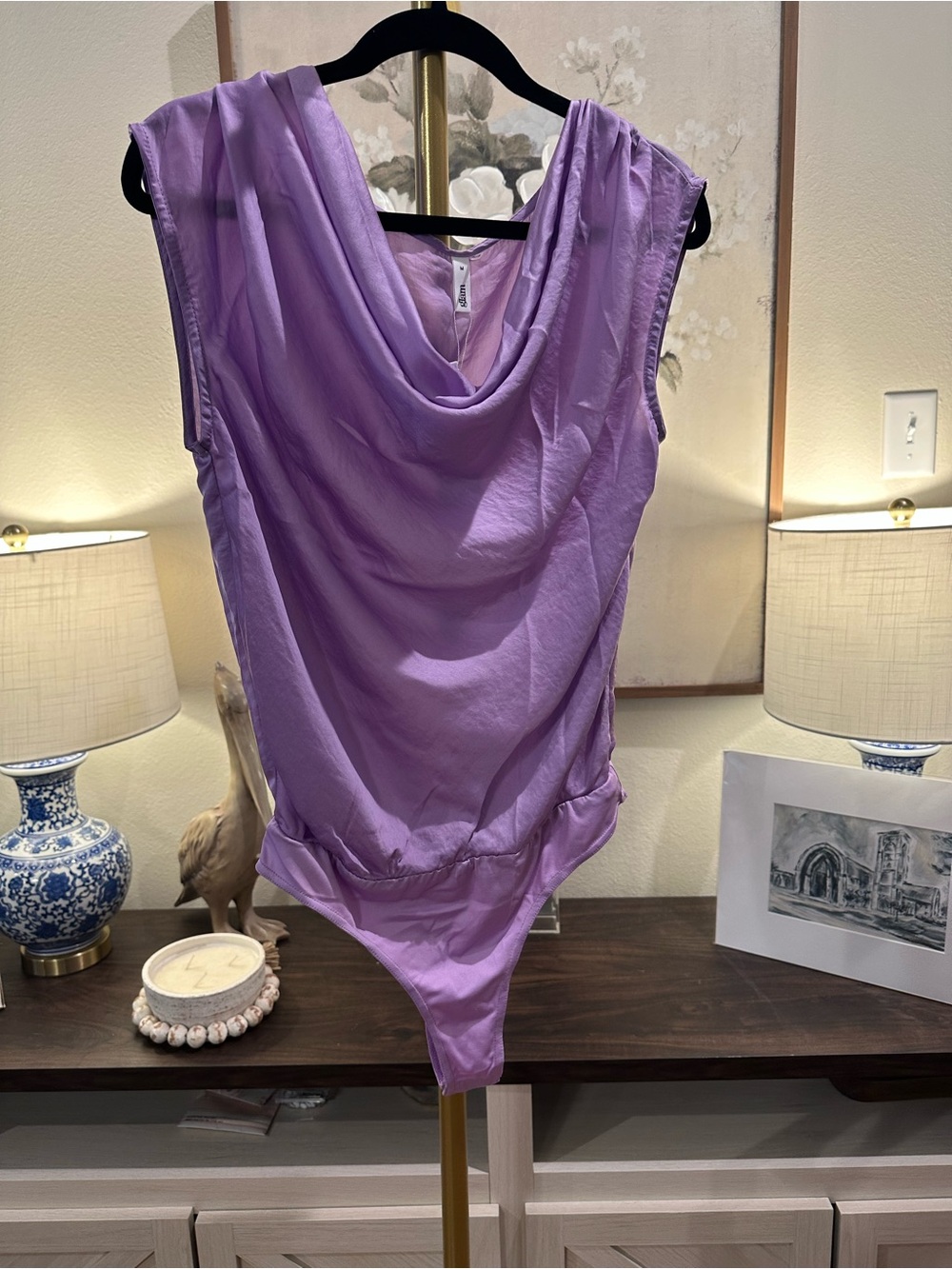 glam Lavender Draped Cowl Neck Bodysuit